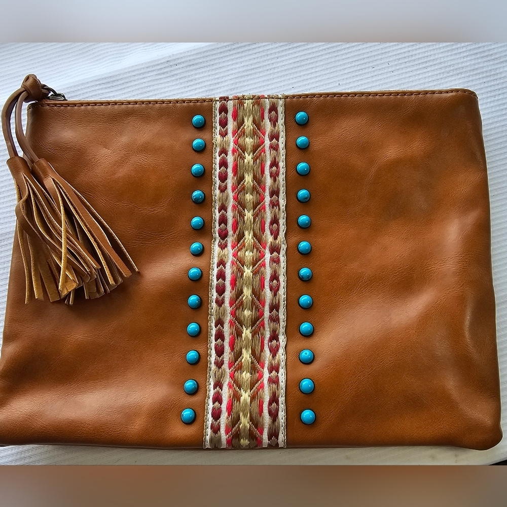 Southwestern style unbranded Bag zips tassel faux turquiose embroidery 11 x 8 in